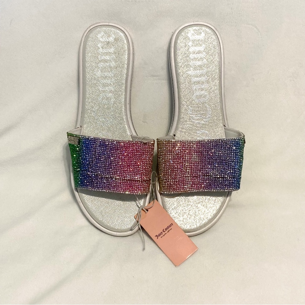 Juicy Couture Silver Slides with Multicolor Crystal Strap Size 10
